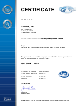 GlobTek quality management system ISO certification for the design & manufacture of power supplies UL registered